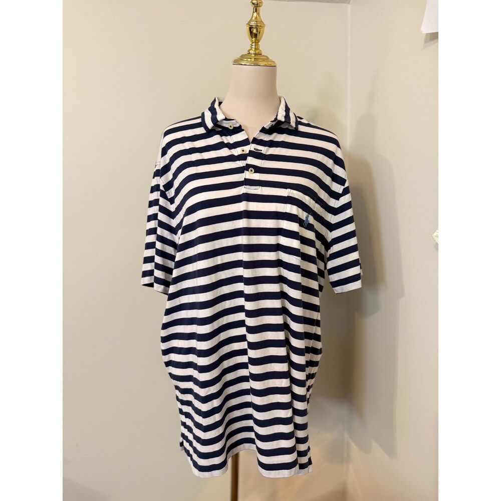 Polo Ralph Lauren Classic Fit Striped Pocket Polo Shirt Men’s L Navy White